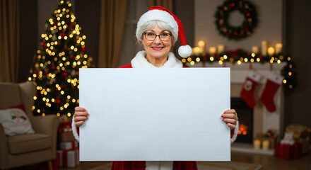 Elderly woman in santa hat and glasses holding blank white paper in decorated christmas living room with tree, fireplace and warm lights. Grandmother presenting empty card