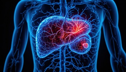 Diagnosing liver disease with detailed anatomical rendering for medical research or healthcare marketing featuring inflammation and vascular system in human torso