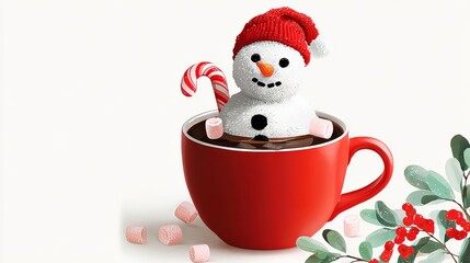 Red mug with a snowman in it and marshmallows. The snowman is smiling and the marshmallows are floating in the coffee