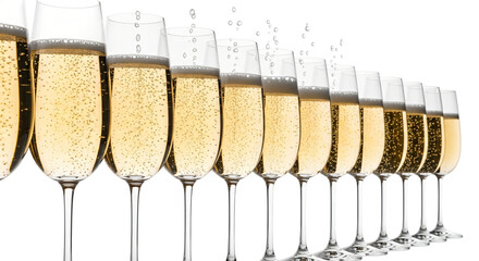 A line of champagne glasses filled with sparkling wine and bubbles, isolated on transparent background