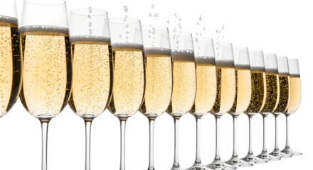 A line of champagne glasses filled with sparkling wine and bubbles, isolated on transparent background