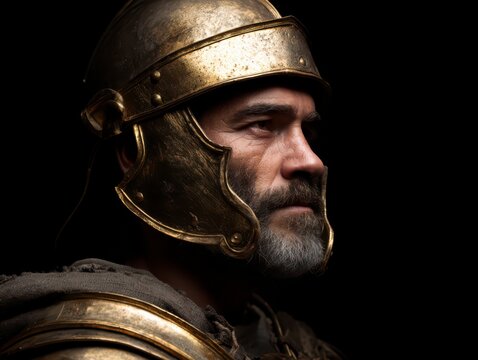 Resolute Guardian: A weathered warrior, adorned in shining gold helmet and armor, gazes steadfastly ahead, embodying courage and strength against the encroaching darkness.