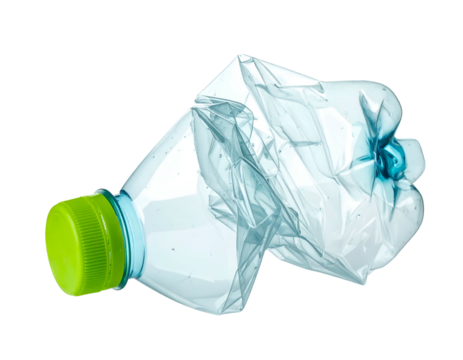 Transparent plastic bottle, crushed and deformed, with a green cap