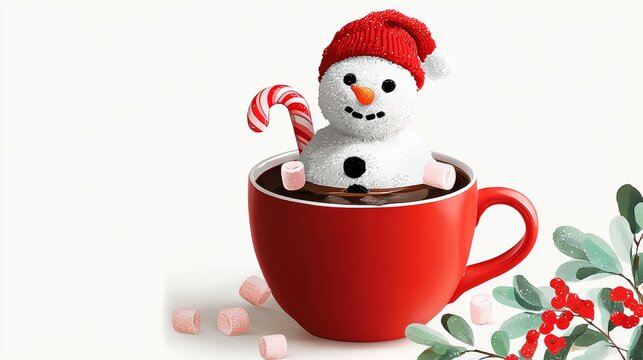 Red mug with a snowman in it and marshmallows. The snowman is smiling and the marshmallows are floating in the coffee