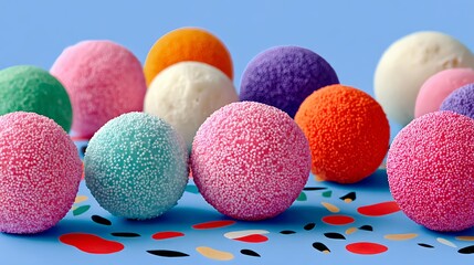 A colorful assortment of candy balls with different colors and sizes. The candy balls are scattered on a blue background with a red and white pattern. Concept of fun and playfulness