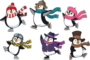 Cartoon penguin ice skating illustration set, winter outfits and accessories, expressive animal characters, holiday theme, vector clipart, children’s design asset