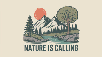 Vintage-Style Nature Illustration with Forest Landscape and Wildlife Elements