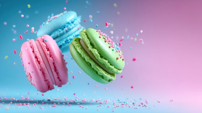 Vibrant Macarons and Colorful Sprinkles Floating on a Sweet Gradient Background