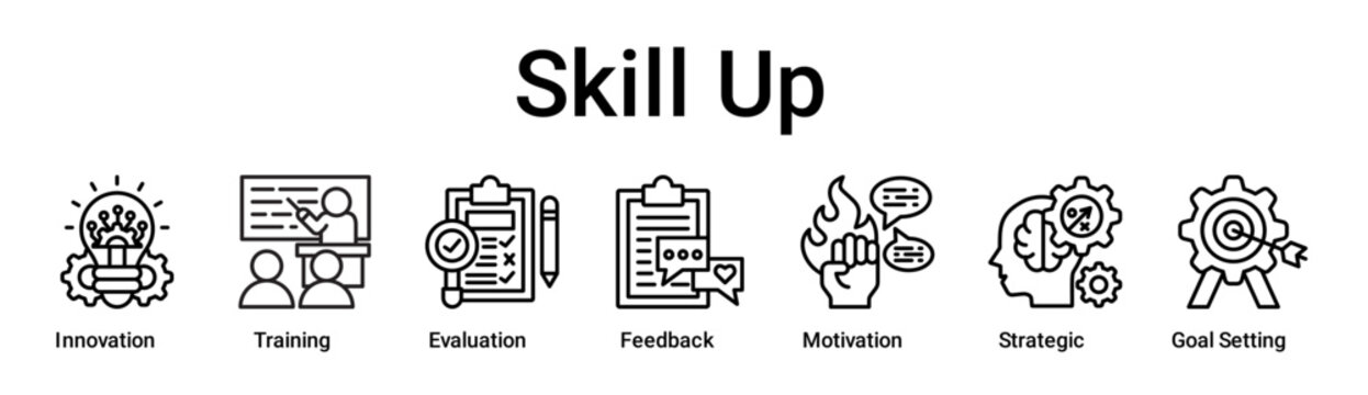 Skill Up banner web icon vector illustration concept for education with icon of Innovation, Training, Evaluation, Feedback, Motivation, Strategic, Goal Setting.