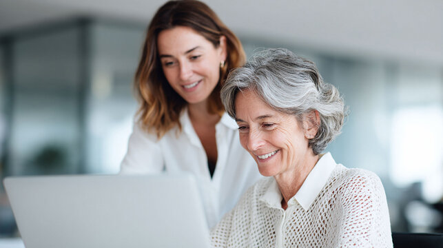Two women of different ages working together on a laptop. Depicts mentorship, learning, collaboration, and intergenerational teamwork, suitable for business and family themes.