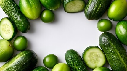 Bunch of cucumbers and green olives are arranged in a circle. The cucumbers are sliced and the olives are whole. The arrangement creates a sense of freshness and healthiness