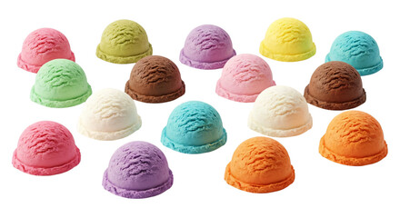 A colorful assortment of ice cream scoops in various flavors, isolated on transparent background