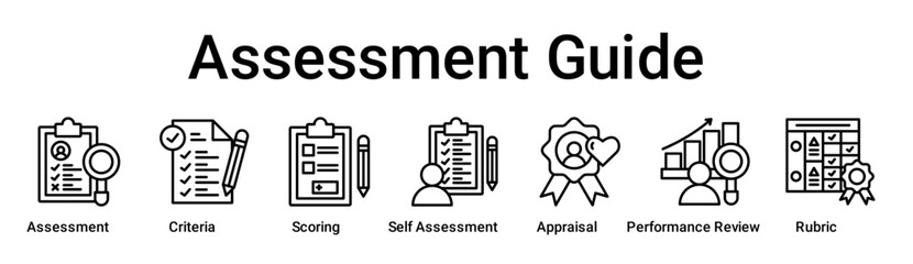 Assessment Guide banner web icon vector illustration concept for education with icon of Assessment, Criteria, Scoring, Self Assessment, Appraisal, Performance Review.