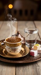 Fototapeta premium Traditional Turkish coffee served in an ornate cup with rich foam, symbolizing heritage, warmth, and the art of authentic coffee brewing
