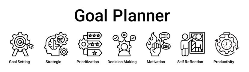 Goal Planner banner web icon vector illustration concept for education with icon of Goal Setting, Strategic, Prioritization, Decision Making, Motivation, Self Reflection.