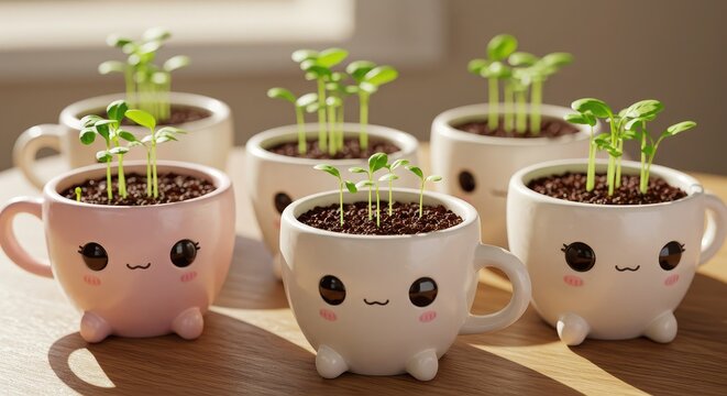 Adorable kawaii sproutlings sprout from cute smiling mugs bringing vibrant life and joyful growth to a sunlit wooden surface, perfect for whimsical decor and nature themes