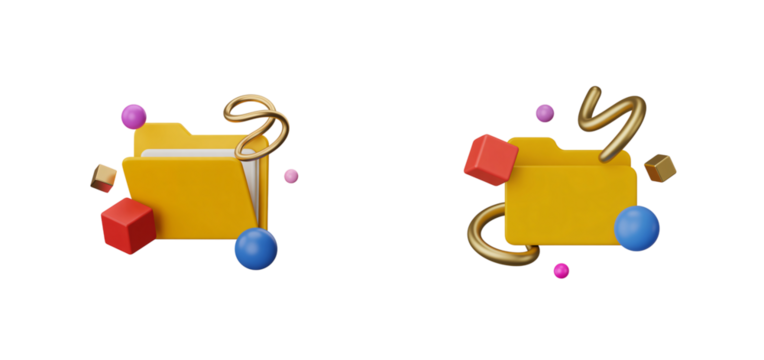 Yellow folder with geometric shapes floating around it on transparent background