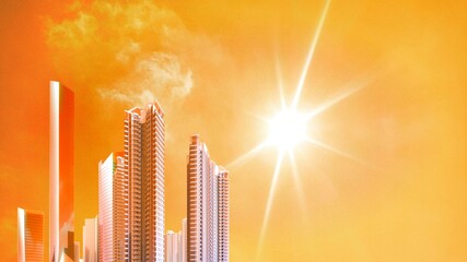 Orange sky with high-rise buildings and shining sun. Heat wave concept. Extreme weather. Impact of...