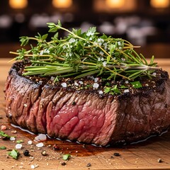 Delicious juicy fillet steak served with fresh herbs, capturing rich flavor, tenderness, and gourmet dining perfection