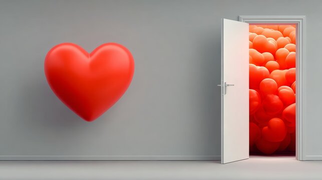 Heart is on the wall next to an open door. The heart is red and the door is white