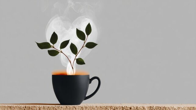 Black coffee cup with a leaf in it is sitting on a wooden table. The leaf is surrounded by steam, giving the impression of a warm, cozy atmosphere. Concept of comfort and relaxation