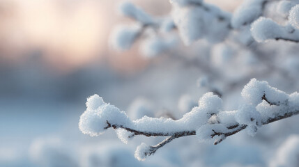 Snowcovered branches sparkle against a soft, blurred winter sky. The delicate frost creates a beautiful, ethereal scene. Ideal for winter holiday cards, seasonal greetings, or frosty themes.