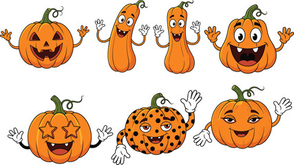 Cartoon pumpkin and gourd character set, cute autumn illustrations, playful Halloween clipart, kids vector design, whimsical harvest icons, stylized fall graphics