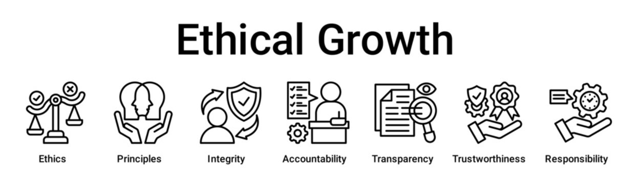 Ethical Growth banner web icon vector illustration concept for education with icon of Ethics, Principles, Integrity, Accountability, Transparency, Trustworthiness.