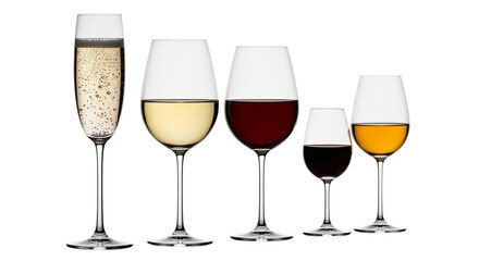 Five glasses of different alcoholic beverages, including champagne, white wine, red wine, and sherry, isolated on transparent background