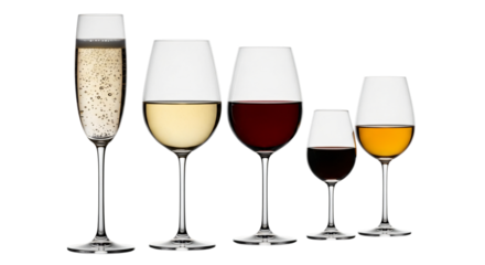 Five glasses of different alcoholic beverages, including champagne, white wine, red wine, and sherry, isolated on transparent background
