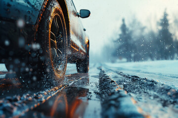 Vehicle tire tracks on snowy road with reflections and blurred winter landscape in background