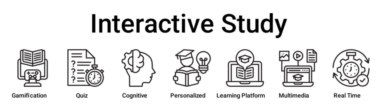 Interactive Study banner web icon vector illustration concept for education with icon of Gamification, Quiz, Cognitive, Personalized, Learning Platform, Multimedia, Real.