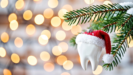 White tooth wearing santa hat hanging on christmas tree