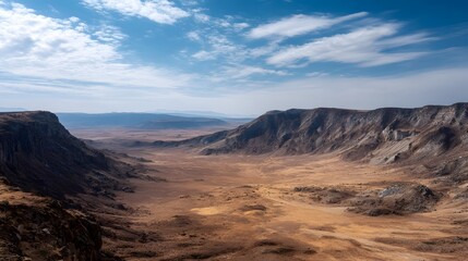 Fototapeta premium Expansive volcanic caldera with steep rugged walls and barren arid terrain under a bright blue sky with scattered clouds