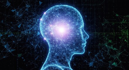 Futuristic AI head with glowing brain and network connections for innovative technology and modern digital transformation concepts in tech-driven world