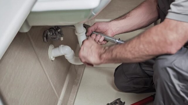 Professional plumber repairing sink drain pipe, tightening flexible hose under bathroom basin, plumbing maintenance service footage, water leak fixing process, handyman tools installation, home renova