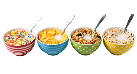 Four bowls of breakfast cereal with milk and spoons, isolated on transparent background