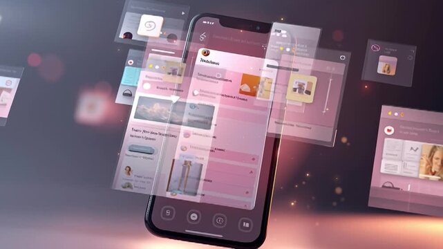 Modern smartphone displaying multiple floating app screens with vibrant colors and smooth design at an abstract background