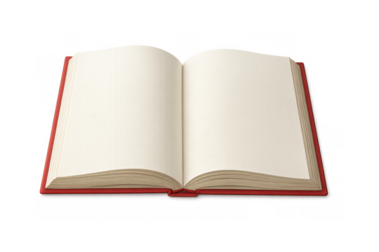 Open red hardcover book with blank pages for copy space, symbolizing knowledge, education, and storytelling