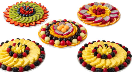 Assortment of colorful fruit platters arranged in decorative patterns, isolated on transparent background
