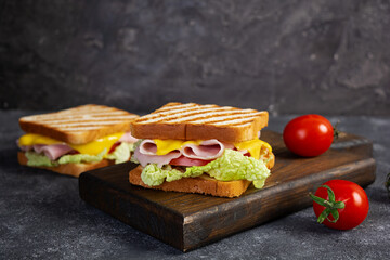 Delicious sandwich with ham, cheese, tomato and lettuce on toasted bread. Perfect lunch or snack idea