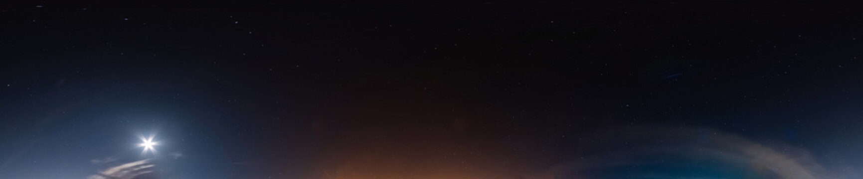 night 360 panorama with stars and milky way. Seamless panorama with zenith for use in 3d graphics or game development as sky dome or edit drone shot for sky replacement