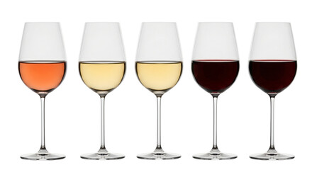 Five glasses of wine, including rose, white, and red, arranged in a row isolated on transparent background