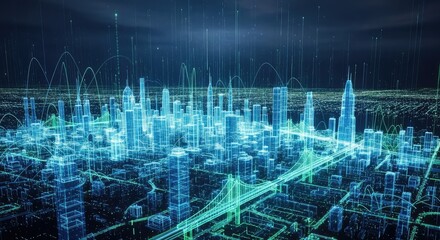 Futuristic city skyline with vibrant glowing lines, perfect for technology, innovation, and smart city concepts, showcasing a dynamic, connected urban landscape