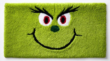 Green rug with a green face on it. The face is smiling and has red eyes