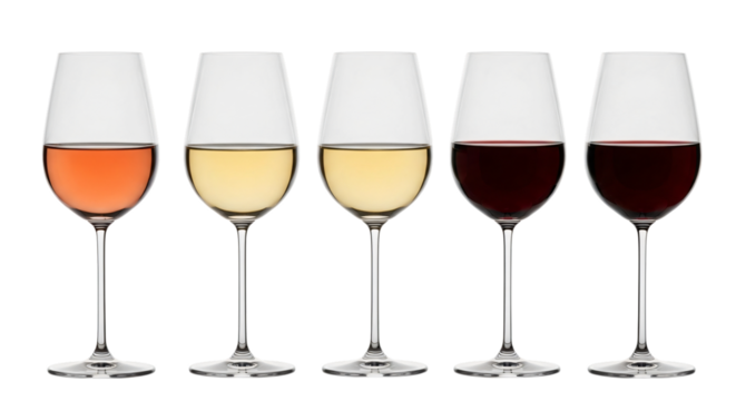 Five glasses of wine, including rose, white, and red, arranged in a row isolated on transparent background