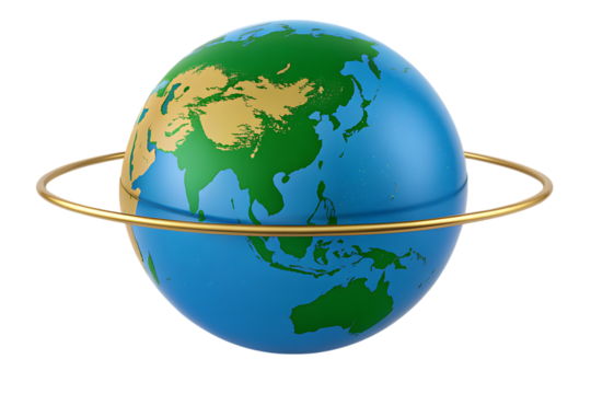 Globe with golden ring, earth continents map, world sphere, geographic planet