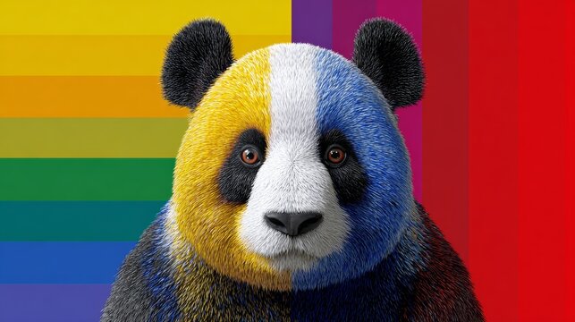 Panda bear with rainbow stripes on its face is shown next to a rainbow flag. Concept of inclusivity and diversity