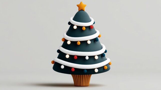 Christmas tree made of cake with lights and a star on top. The tree is decorated with colorful balls and is placed on a white background