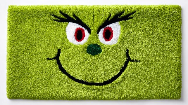 Green rug with a green face on it. The face is smiling and has red eyes